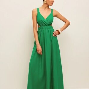 Commense Green Ruched Maxi Dress V-Neck Sleeveless